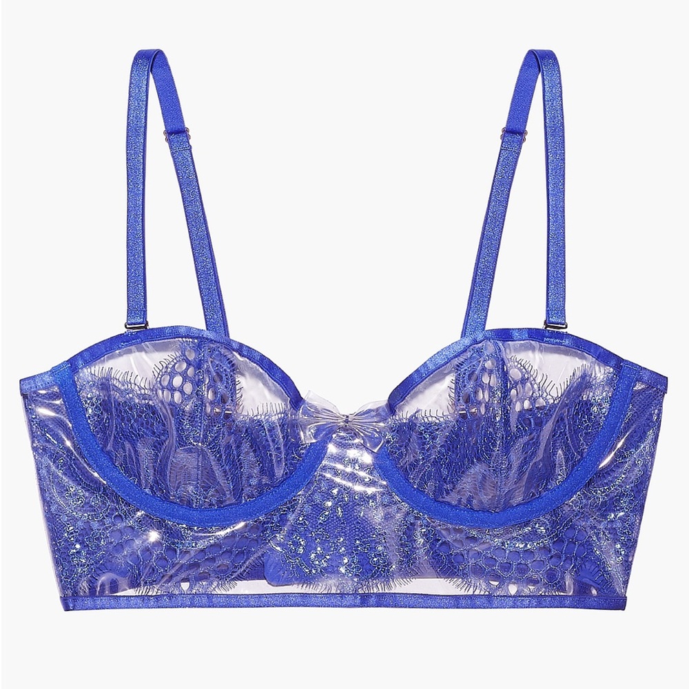 (XS) Savage x Fenty Lace & Vinyl Bustier Bra Extra Small Clear Metallic Blue - Picture 12 of 14